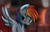 Size: 811x518 | Tagged: safe, artist:thegarry, rainbow dash, pegasus, pony, fanfic:rainbow factory, g4, abstract background, ear fluff, fanfic art, female, lidded eyes, liquid rainbow, railing, rainbow factory dash, signature, smiling, solo, spectra, spread wings, wings