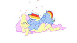 Size: 500x281 | Tagged: safe, artist:fluttersdoodles, fluttershy, rainbow dash, pegasus, pony, g4, duo, eyes closed, female, heart, lesbian, ship:flutterdash, shipping, simple background, snuggling, white background