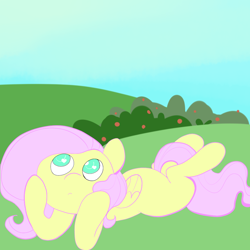 Size: 1080x1080 | Tagged: safe, artist:fluttersdoodles, fluttershy, pegasus, pony, g4, daydream, female, field, grass, hoof under chin, looking up, lying down, solo, tree