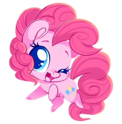 Size: 530x540 | Tagged: safe, artist:tamabel, pinkie pie, earth pony, pony, g4, chibi, one eye closed, open mouth, open smile, simple background, smiling, solo, white background, wink