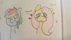 Size: 500x281 | Tagged: safe, artist:fluttersdoodles, part of a set, fluttershy, rainbow dash, pegasus, pony, g4, blushing, duo, female, heart, lesbian, ship:flutterdash, shipping, smiling, traditional art