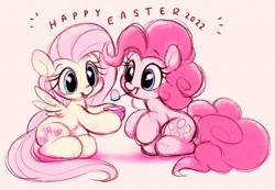 Size: 1600x1104 | Tagged: safe, artist:tamabel, fluttershy, pinkie pie, earth pony, pegasus, pony, g4, duo, egg, happy easter, simple background