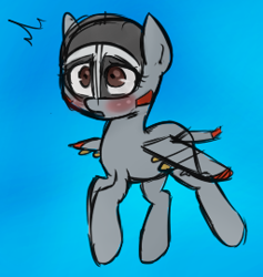 Size: 256x270 | Tagged: artist needed, safe, oc, oc only, oc:blitz, original species, plane pony, blue background, blushing, brown eyes, colored, female, flying, mare, plane, shrunken pupils, simple background, solo, spread wings, surprised, wings