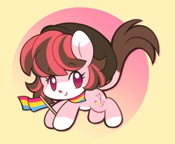 Size: 1228x1011 | Tagged: safe, artist:tamabel, oc, oc only, earth pony, pony, chibi, gradient background, hat, pansexual pride flag, pride, pride flag, solo