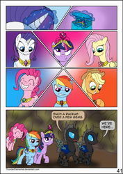 Size: 1024x1444 | Tagged: safe, artist:thunderelemental, applejack, fluttershy, pinkie pie, rainbow dash, rarity, twilight sparkle, changeling, pony, comic:swarm rising, g4, comic, disguise, disguised changeling, element of generosity, element of honesty, element of kindness, element of laughter, element of loyalty, element of magic, elements of harmony, mane six, speech bubble