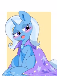 Size: 1537x2048 | Tagged: safe, artist:leo19969525, trixie, pony, unicorn, g4, blushing, cute, diatrixes, female, gem, hair, horn, mane, mare, open mouth, simple background, sitting, solo, tail