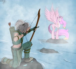 Size: 2772x2513 | Tagged: safe, artist:cactuscowboydan, oc, alicorn, elf, humanoid, pony, abs, arrow, bow, digital art, high res, procreate app, river, rock, story included, water, wings