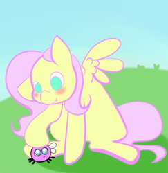 Size: 1280x1317 | Tagged: safe, artist:fluttersdoodles, fluttershy, parasprite, pegasus, pony, g4, :t, female, folded wings, grass, no pupils, sitting, solo, wings