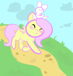 Size: 1280x1317 | Tagged: safe, artist:fluttersdoodles, angel bunny, fluttershy, pegasus, pony, g4, ^^, angel bunny is not amused, duo, eyes closed, female, grass, road, sitting on head, smiling, unamused, walking