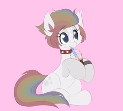 Size: 1252x1130 | Tagged: safe, artist:tamabel, oc, oc only, earth pony, pony, bubble tea, collar, drinking, simple background, solo
