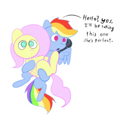 Size: 500x514 | Tagged: safe, artist:fluttersdoodles, fluttershy, rainbow dash, pegasus, pony, g4, duo, female, floating, holding a pony, lesbian, phone, ship:flutterdash, shipping, simple background, talking, white background