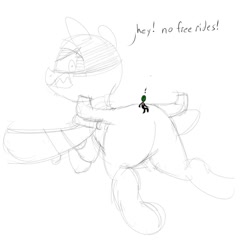 Size: 894x894 | Tagged: artist needed, safe, oc, oc only, oc:anon, oc:blitz, original species, plane pony, pony, a-10 thunderbolt ii, angry, annoyed, butt, duo, exclamation point, female, flying, frown, giant pony, irritated, looking at someone, looking back, macro, macro/micro, male, mare, micro, plane, plot, sharp teeth, simple background, sketch, spread wings, teeth, white background, wings