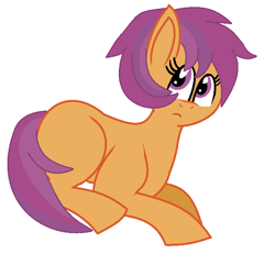 Size: 672x620 | Tagged: safe, artist:pepperjackpegasus, oc, oc only, oc:sunset dreams, earth pony, pony, 2013, frown, looking up, magical lesbian spawn, offspring, orange fur, parent:rainbow dash, parent:scootaloo, parents:scootadash, purple eyes, purple mane, simple background, sitting, solo, white background