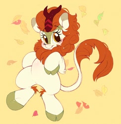 Size: 1170x1200 | Tagged: safe, artist:tamabel, autumn blaze, kirin, pony, g4, autumn, autumn leaves, cloven hooves, leaves, simple background, smiling, solo, yellow background