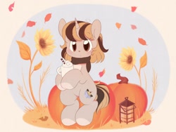Size: 1600x1200 | Tagged: safe, artist:tamabel, oc, oc only, pony, unicorn, chocolate, clothes, flower, food, gradient background, hot chocolate, lantern, leaves, mug, pumpkin, scarf, solo, sunflower