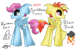 Size: 960x640 | Tagged: safe, artist:gallantserver, oc, oc only, oc:blaze dash, oc:rainbow dew, pegasus, pony, 2016, blue eyes, blue fur, chest fluff, duo, duo male, english, looking up, magical lesbian spawn, male, multicolored mane, next generation, offspring, parent:rainbow dash, parent:scootaloo, parents:scootadash, purple mane, red eyes, siblings, signature, simple background, smiling, transparent background, twins, yellow fur