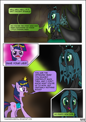 Size: 1600x2255 | Tagged: safe, artist:thunderelemental, queen chrysalis, twilight sparkle, changeling, changeling queen, pony, comic:swarm rising, g4, big crown thingy, butt, comic, duo, element of magic, female, jewelry, mare, plot, regalia, speech bubble