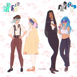 Size: 2048x2048 | Tagged: safe, artist:cryweas, bon bon, dj pon-3, lyra heartstrings, octavia melody, sweetie drops, vinyl scratch, earth pony, human, pony, unicorn, g4, alternate hairstyle, belly button, belt, bowtie, bracelet, cap, clothes, dark skin, denim, dress, eyeshadow, feet, female, flats, grin, hat, high res, humanized, jeans, jewelry, lesbian, looking at each other, looking at someone, makeup, mare, midriff, monocle, nail polish, necktie, one eye closed, pants, sandals, ship:lyrabon, ship:scratchtavia, shipping, shirt, shoes, skirt, smiling, socks, stockings, suit, sun hat, suspenders, tank top, thigh highs, toenail polish, vinyl's glasses, wink, wristband