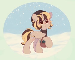 Size: 1442x1145 | Tagged: safe, artist:tamabel, oc, oc only, pony, unicorn, basket, clothes, gradient background, hat, scarf, snow, solo