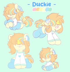 Size: 1940x2012 | Tagged: safe, artist:tamabel, oc, oc only, oc:ducky, earth pony, pony, chibi, clothes, reference sheet, rubber duck, simple background, socks, solo, sweater