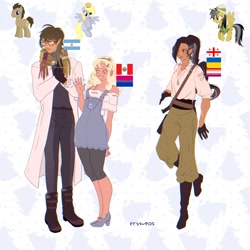 Size: 2048x2048 | Tagged: safe, alternate version, artist:cryweas, daring do, derpy hooves, doctor whooves, time turner, earth pony, human, pegasus, pony, g4, alternate hairstyle, argentina, bag, belt, bisexual pride flag, boots, bracelet, clothes, coat, cute, denim, derpabetes, dog tags, ear piercing, earring, eye scar, facial scar, female, georgia (country), glasses, gloves, grin, hairband, hat, high heels, high res, holster, humanized, jeans, jewelry, knife, leggings, lesbian pride flag, male, mare, necklace, overalls, pants, piercing, ponytail, pride, pride flag, scar, scarf, ship:doctorderpy, shipping, shirt, shoes, size difference, smiling, stallion, straight, ukraine, ukraine flag, waving