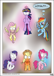 Size: 1600x2255 | Tagged: safe, artist:thunderelemental, applejack, fluttershy, pinkie pie, rainbow dash, rarity, twilight sparkle, changeling, pegasus, pony, unicorn, comic:swarm rising, g4, comic, disguise, disguised changeling, element of generosity, element of honesty, element of kindness, element of laughter, element of loyalty, element of magic, elements of harmony, mane six, single panel, speech bubble