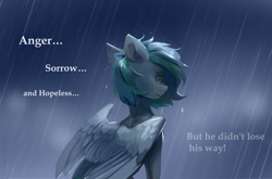 Size: 2352x1551 | Tagged: safe, artist:laymy, oc, oc:siriusnavigator, pegasus, pony, rain, sad, solo, text