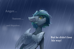 Size: 2352x1551 | Tagged: safe, artist:laymy, oc, oc:siriusnavigator, pegasus, pony, rain, sad, solo, text