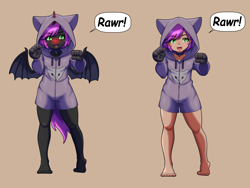 Size: 10000x7500 | Tagged: safe, artist:chedx, nightmare moon, oc, oc:midnight moon, bat pony, fox, human, undead, vampire, vampony, anthro, g4, barefoot, clothes, collar, cute, fangs, feet, hoodie, humanized, pegacorn, rawr, wings