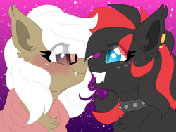 Size: 8000x6000 | Tagged: safe, artist:crazysketch101, oc, oc:aurora blossom, oc:scarlet harmony, oc:sharpe, bat pony, pony, blushing, choker, clothes, ear piercing, earring, freckles, hoodie, jewelry, nose to nose, piercing, shipping, spiked choker