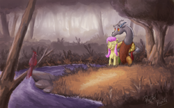 Size: 1618x1000 | Tagged: safe, artist:pastelpupils, discord, fluttershy, bird, draconequus, pegasus, pony, g4, duo, forest, river, scenery, water