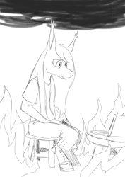 Size: 905x1280 | Tagged: safe, artist:darkhestur, derpibooru exclusive, oc, oc:dark, bat pony, anthro, april fools 2023, bat pony oc, computer, fire, laptop computer, meme, monochrome, simple background, sitting, this is fine