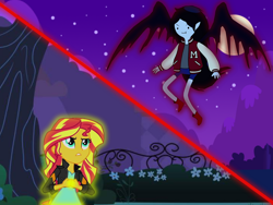 Size: 1600x1200 | Tagged: safe, artist:mrtheamazingdude, sunset shimmer, human, equestria girls, g4, adventure time, crossover, fight, male, marceline, vs
