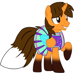 Size: 8063x7951 | Tagged: safe, alternate version, artist:ejlightning007arts, oc, oc:ej, alicorn, fox, fox pony, hybrid, pony, alicorn oc, cheerleader, cheerleader outfit, clothes, colored wings, crossdressing, horn, male, raised hoof, simple background, smiling, solo, stallion, transparent background, vector, wings