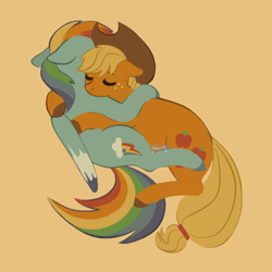 Size: 1280x1280 | Tagged: safe, artist:flightless-fox, applejack, rainbow dash, earth pony, pegasus, pony, g4, applejack's hat, cowboy hat, cuddling, duo, female, hat, lesbian, ship:appledash, shipping, simple background