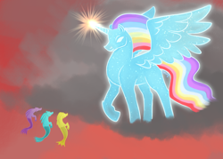 Size: 1280x914 | Tagged: safe, artist:flightless-fox, adagio dazzle, aria blaze, sonata dusk, alicorn, pony, siren, equestria girls, g4, my little pony equestria girls: rainbow rocks, cloud, rainbow lumen, scene interpretation, the avatar of friendship, the dazzlings