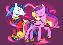 Size: 1280x914 | Tagged: safe, artist:flightless-fox, princess cadance, shining armor, alicorn, pony, unicorn, a canterlot wedding, g4, clothes, duo, eyes closed, female, horn, horns are touching, jewelry, male, mare, regalia, simple background, smiling, stallion, uniform