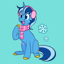 Size: 1280x1280 | Tagged: safe, artist:flightless-fox, minuette, pony, unicorn, g4, blue background, clothes, cute, cyan background, earmuffs, female, mare, minubetes, scarf, simple background, snow, snowflake, solo, striped scarf