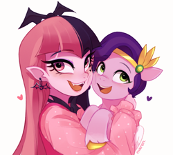 Size: 2225x1999 | Tagged: safe, artist:maren, pipp petals, human, pegasus, pony, undead, vampire, g5, coat markings, cute, diadem, draculaura, duo, duo female, ear piercing, earring, fangs, female, headband, heart, holding a pony, jewelry, mare, monster high, open mouth, open smile, piercing, regalia, simple background, smiling, socks (coat markings), unshorn fetlocks, white background
