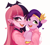 Size: 2225x1999 | Tagged: safe, artist:maren, pipp petals, human, pegasus, pony, undead, vampire, g5, coat markings, cute, diadem, draculaura, duo, duo female, ear piercing, earring, fangs, female, headband, heart, holding a pony, jewelry, mare, monster high, open mouth, open smile, piercing, regalia, simple background, smiling, socks (coat markings), unshorn fetlocks, white background