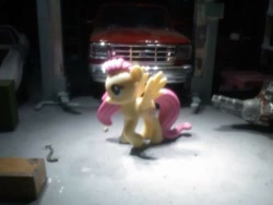 Size: 756x569 | Tagged: safe, fluttershy, pony, g4, car, car lift, diorama, engine, ford f-150, garage, shop, solo, toy, transmission