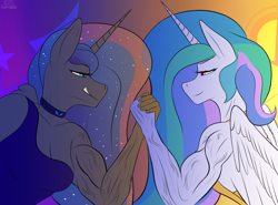 Size: 1791x1326 | Tagged: safe, artist:fluffyorbiter, princess celestia, princess luna, alicorn, anthro, derpibooru, g4, 2023, april fools, april fools 2023, arm wrestling, breasts, choker, cleavage, clothes, competition, dress, duo, female, gradient background, grin, holding hands, horn, lidded eyes, looking at each other, looking at someone, meta, muscles, muscular female, new lunar republic, princess muscle moona, princess musclestia, rivalry, sibling rivalry, siblings, sisters, smiling, solar empire, underboob, vein, wings
