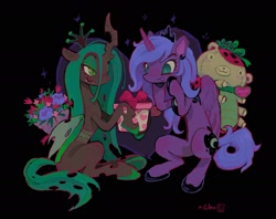Size: 1890x1499 | Tagged: safe, artist:_night_milk, princess luna, queen chrysalis, alicorn, changeling, changeling queen, pony, g4, black background, bouquet, chrysaluna, duo, female, flower, holiday, lesbian, mare, plushie, present, s1 luna, shipping, simple background, sitting, smiling, teddy bear, valentine's day