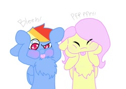 Size: 500x353 | Tagged: safe, artist:fluttersdoodles, part of a set, fluttershy, rainbow dash, pegasus, pony, g4, :p, blushing, chest fluff, duo, eyes closed, female, floppy ears, lesbian, onomatopoeia, puffy cheeks, raspberry, raspberry noise, ship:flutterdash, shipping, simple background, tongue out, white background