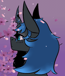 Size: 600x700 | Tagged: artist needed, safe, oc, oc only, oc:sinari, changeling, changeling queen, animated, blinking, blue changeling, cherry blossoms, flower, flower blossom, frame by frame, wind