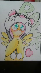 Size: 722x1280 | Tagged: safe, artist:fluttersdoodles, fluttershy, pegasus, pony, g4, blushing, hat, rawr, solo, traditional art