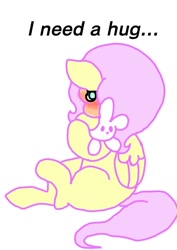 Size: 905x1280 | Tagged: safe, artist:fluttersdoodles, part of a set, fluttershy, pegasus, pony, g4, blushing, bronybait, female, hug, plushie, simple background, sitting, solo, white background