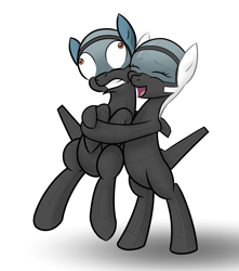 Size: 2155x2439 | Tagged: artist needed, safe, oc, oc only, original species, plane pony, adfx-02 morgan, bear hug, derp, duo, duo male and female, eyes closed, father and child, father and daughter, female, happy, high res, hug, hug from behind, male, mare, plane, puffy cheeks, simple background, smiling, stallion, tight hug, white background