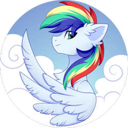 Size: 2500x2500 | Tagged: safe, artist:stesha, oc, oc only, oc:manti'core, pegasus, pony, bust, chest fluff, cloud, eye clipping through hair, eyebrows, eyebrows visible through hair, green eyes, high res, icon, male, multicolored mane, pegasus oc, portrait, profile, sky, sky background, smiling, solo, stallion, wings