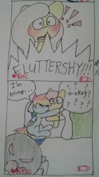 Size: 338x600 | Tagged: safe, artist:fluttersdoodles, part of a set, fluttershy, rainbow dash, pegasus, pony, spider, g4, duo, eyes closed, female, hug, lesbian, prank, ship:flutterdash, shipping, sleeping, talking to viewer, traditional art